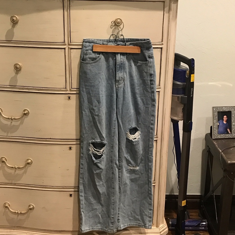 Cider Light Blue Distressed Wide Leg Jeans